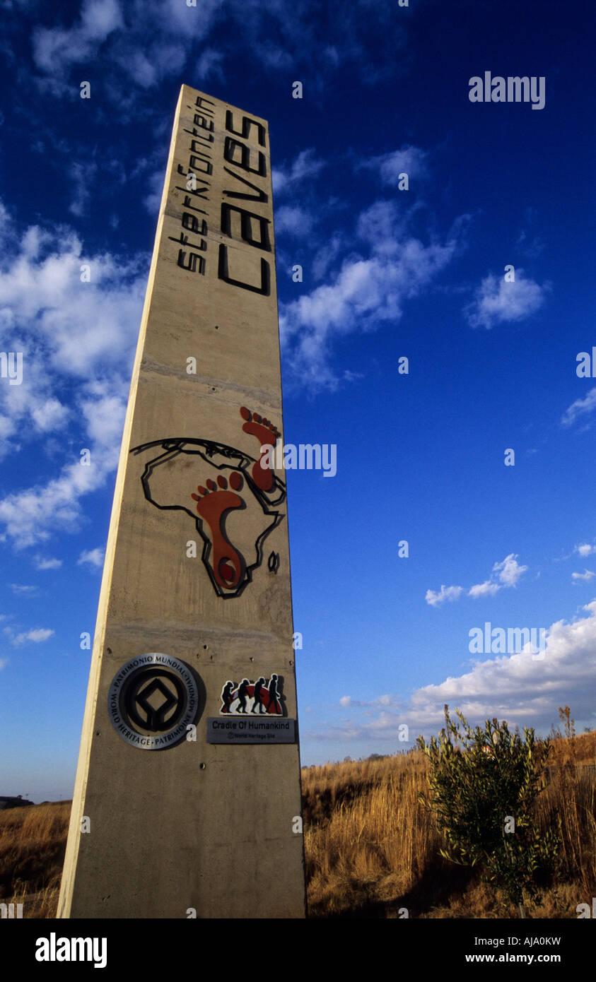 Signe, logo, Grottes de Sterkfontein, berceau de l'humanité, UNESCO, Site du patrimoine mondial, Afrique du Sud, origine de l'Homme, histoire, paléontologie, Maissus Ples Banque D'Images