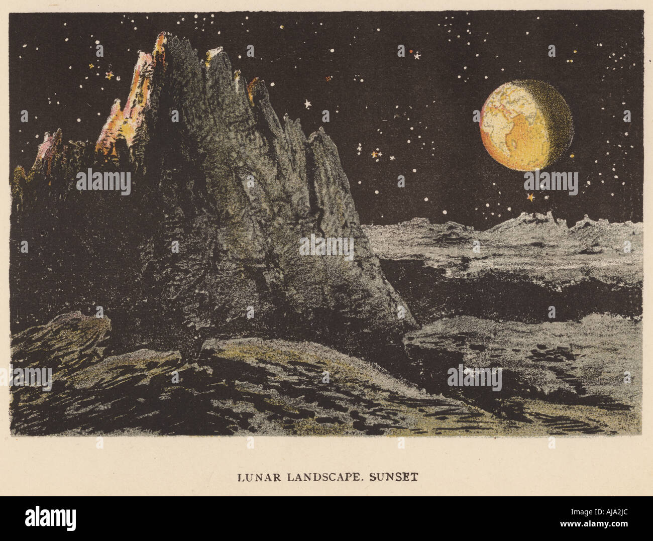 Impression d'artiste du paysage lunaire au coucher du soleil, 1884. Artiste : Inconnu Banque D'Images