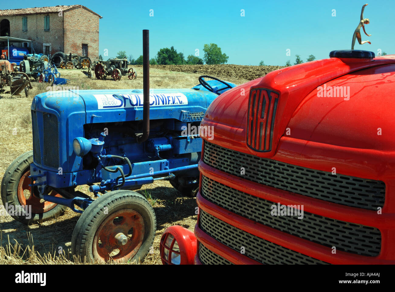 Vintage tracteurs sur afficher dans un champ en Italie Banque D'Images