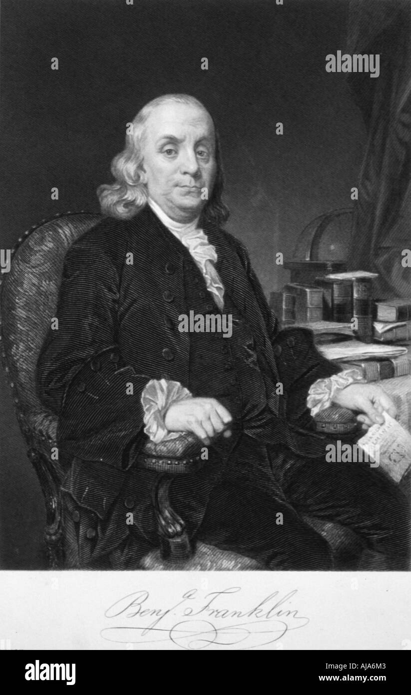 Benjamin Franklin, scientifique américain, inventeur et homme d'État, fin du 18e siècle. Artiste : Inconnu Banque D'Images