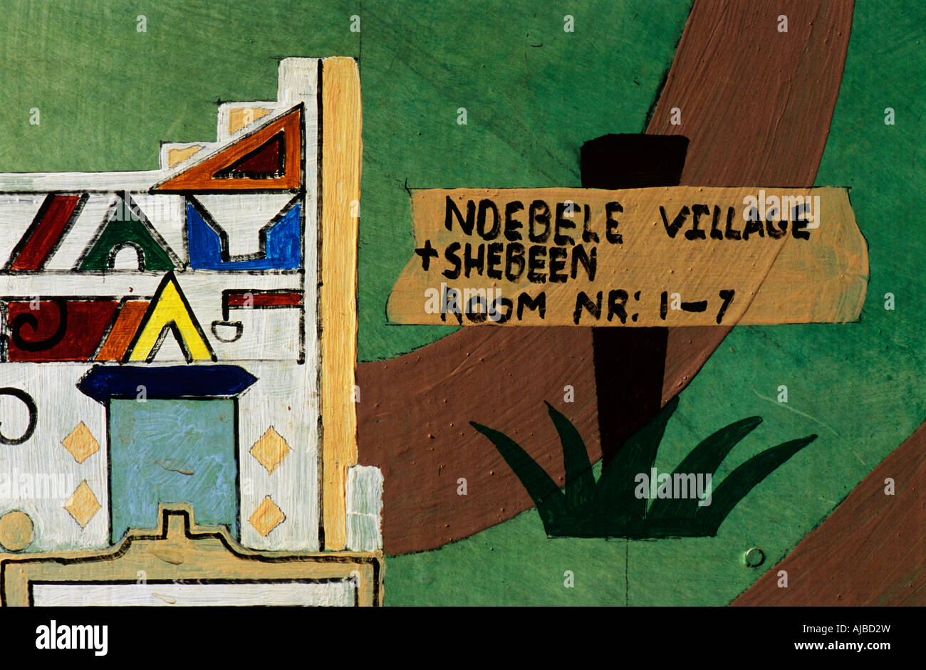 Pretoria, Afrique du Sud, ethnique, gros plan, cultures, panneau peint à la main sur le mur, informations au village thématique de Ndebele et shebee, art africain Banque D'Images