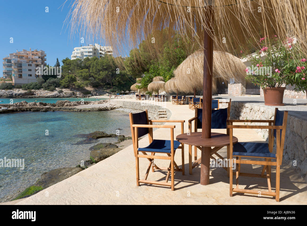 Café-bar en bord de mer, Illetas, Baie de Palma, Côte Sud, Majorque, Îles Baléares, Espagne Banque D'Images