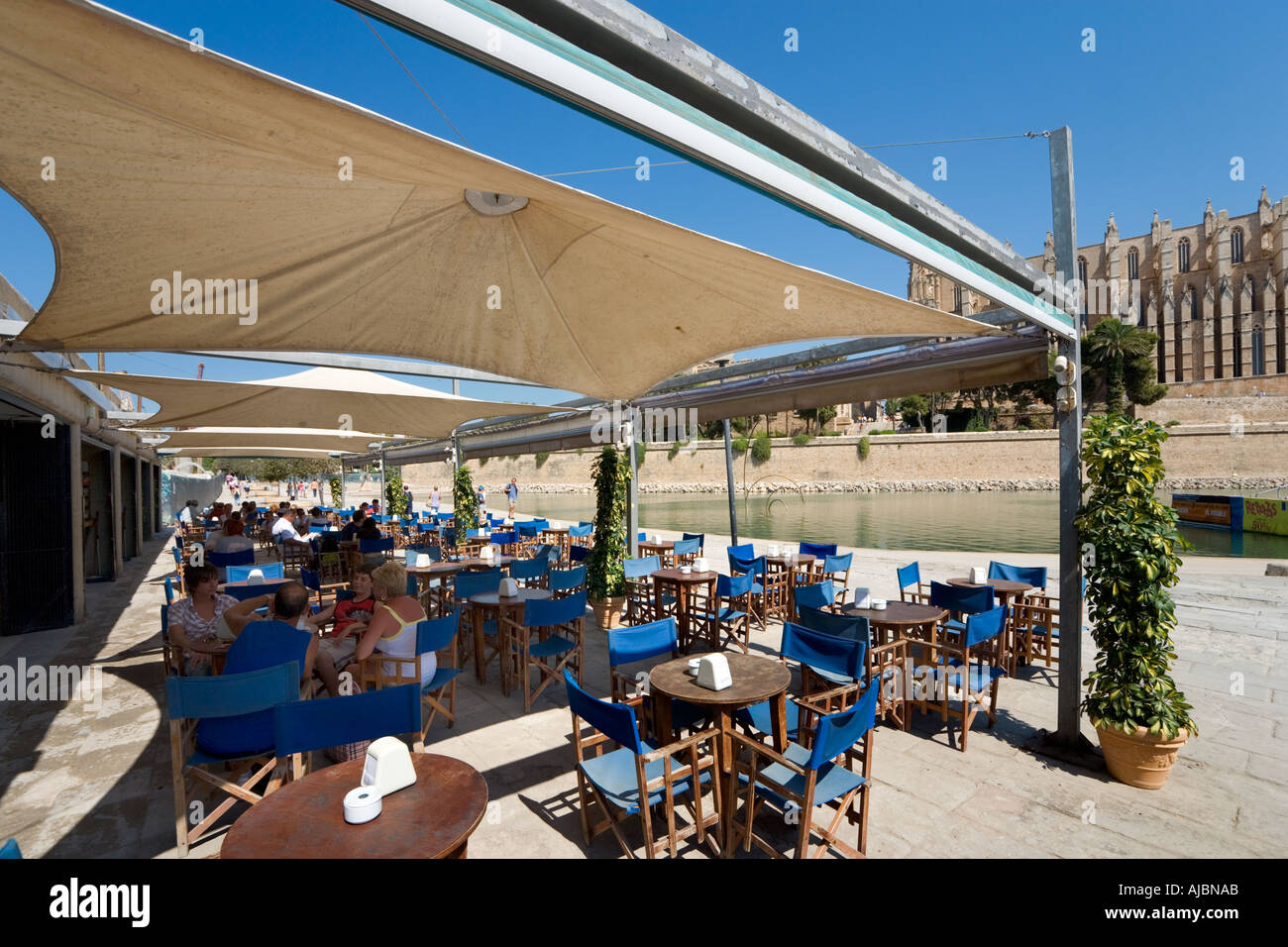 Restaurant en face de la cathédrale sur le Parc de la Mar, centre-ville historique, à Palma, Majorque, Espagne Banque D'Images