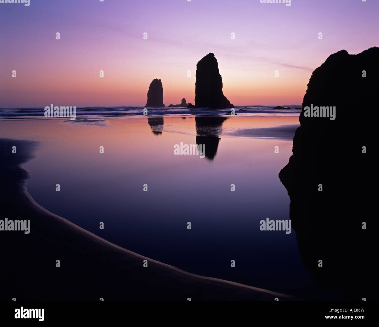 La silhouette rock formations les aiguilles avec les bassins de marée au coucher du soleil du nord de Cannon Beach Oregon Coast Oregon State USA Banque D'Images