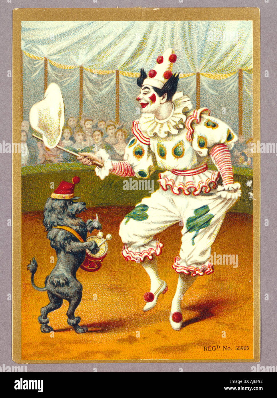 Un label de commerce textile représentant un clown dans un cirque de Styal Quarry Bank Mill Cheshire Banque D'Images