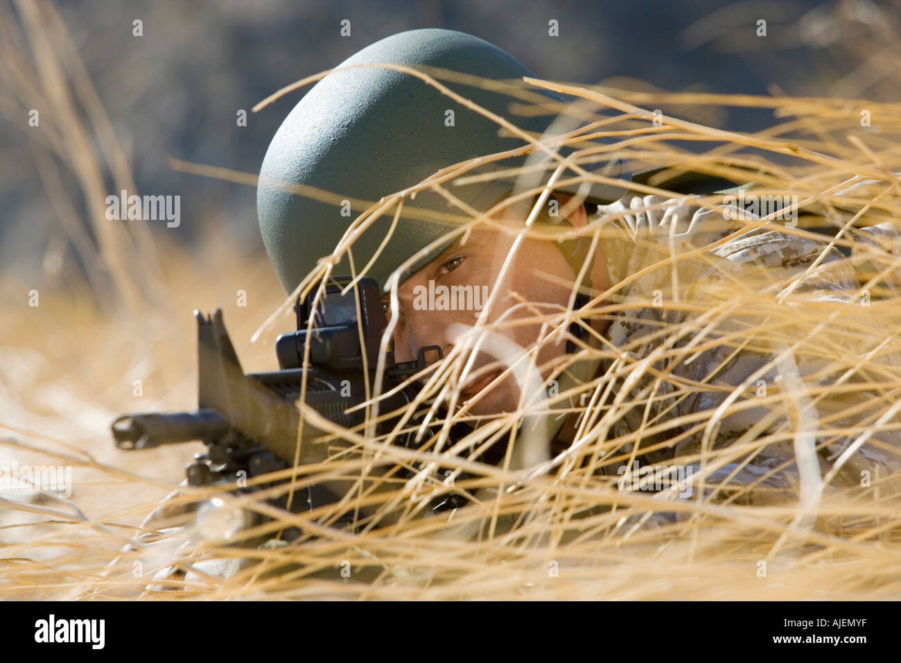Soldat visant carabine, se cachant dans les herbes hautes, (close-up) Banque D'Images