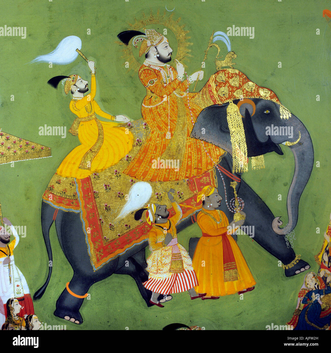 Maharaja Jagat Singh II de Mewar équitation dans une procession d'éléphants avec des membres de la famille et des sirdars, Udaipur, Inde, 1745. Banque D'Images