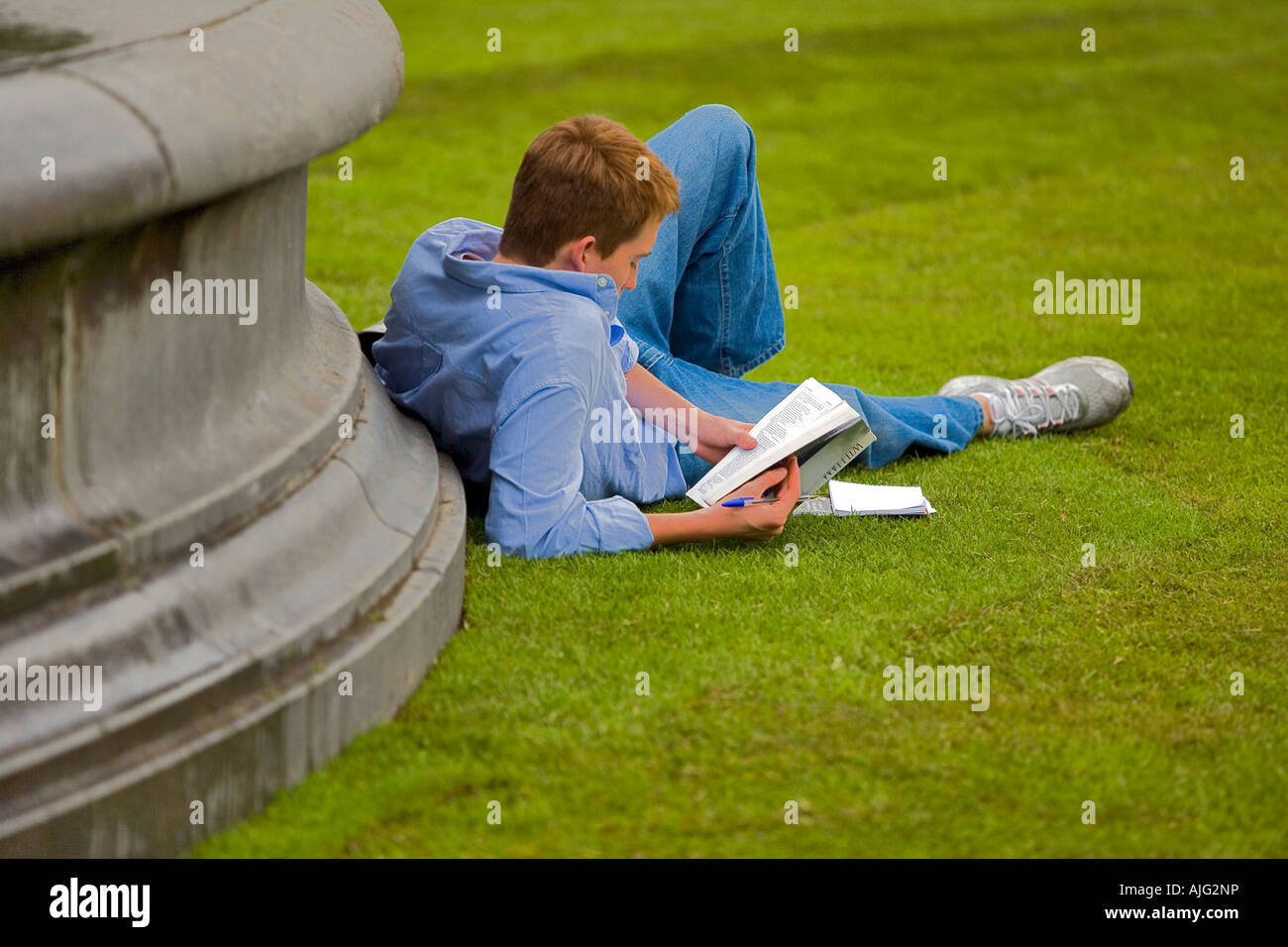 Jeune homme lecture le nouveau gazon pendant les "Visiter Londres" Événement à Trafalgar Square London Banque D'Images