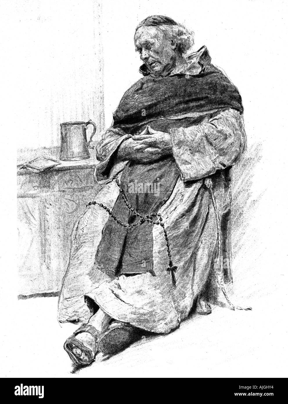 Moine post-prandiale gravure victorienne d'un moine de son sommeil le déjeuner Banque D'Images