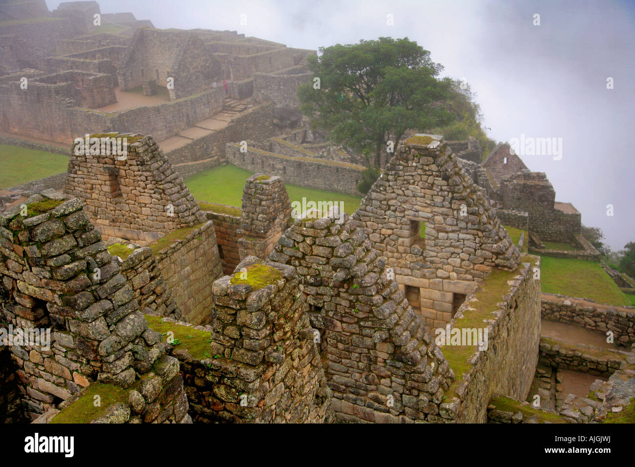 Morning Mist autour de pierre buildingof le secteur urbain du site du patrimoine mondial de l'Machu Picchu Pérou du sud des Andes Banque D'Images