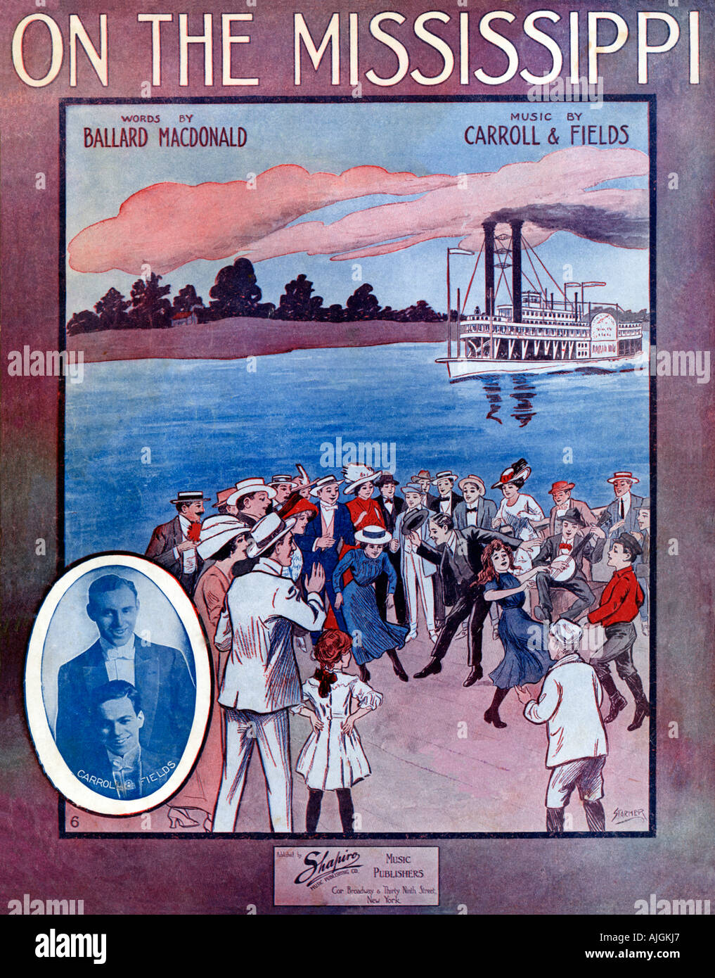 Sur le Mississipi, 1912 feuille de musique illustré la couverture d'un Carrol et champs chanson, danse sur les rives de Old Man River Banque D'Images