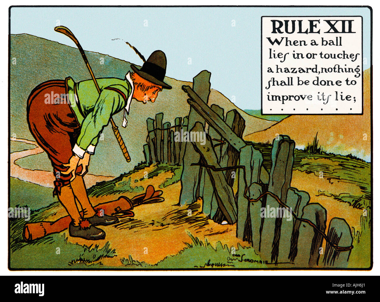 Chas Crombies Règles du golf XII de la série Perrier 1905 Lorsqu'une balle repose dans ou touche un danger Banque D'Images