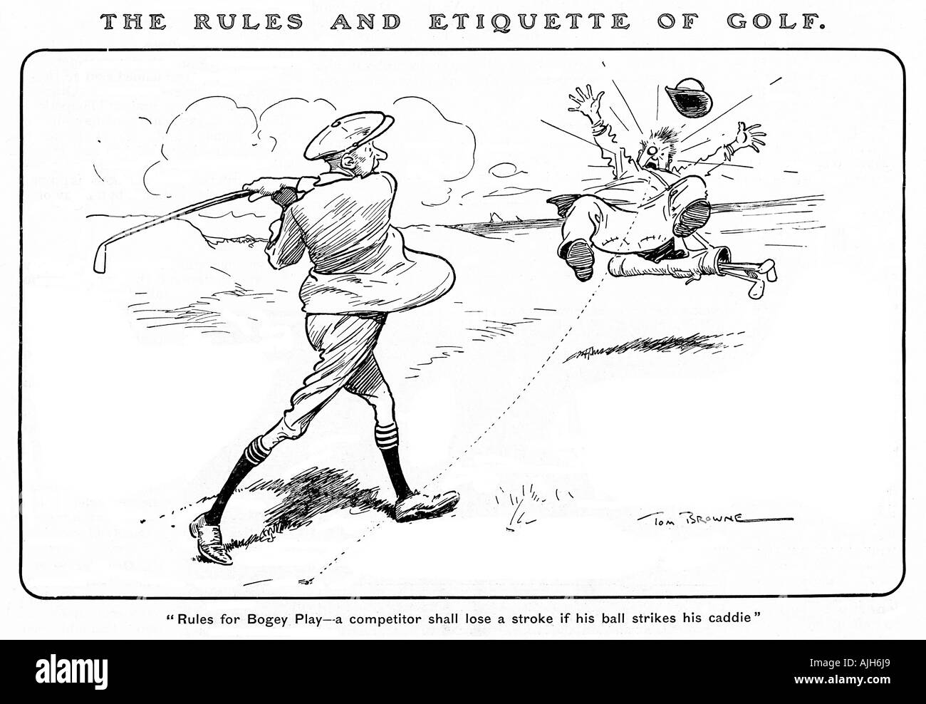 Règles de l'étiquette de Brownes Tom Golf I 1907 un concurrent devra perdre une course si la balle touche sa caddie Banque D'Images