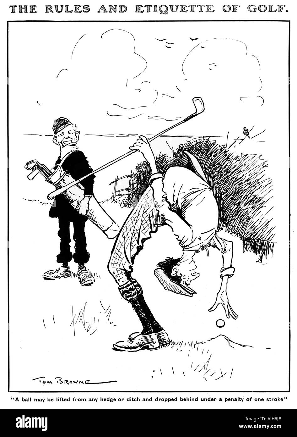 Règles de l'étiquette de Brownes Tom Golf III 1907, une balle peut être levé par une haie ou un fossé et a chuté derrière Banque D'Images