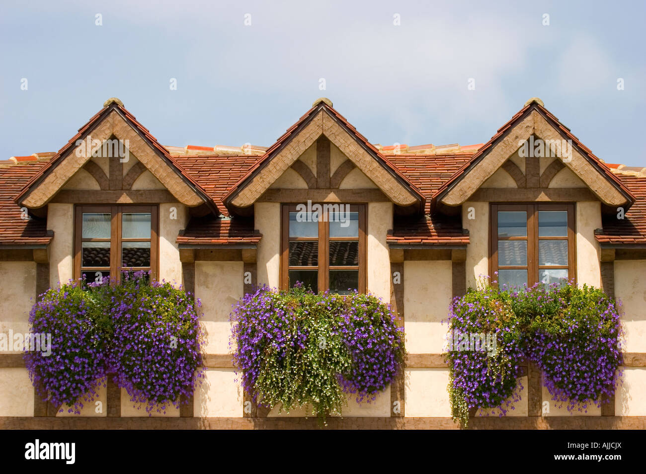 Trois gables sur l'étage supérieur d'une maison de style Tudor, avec fenêtre de boîtes remplies de fleurs violettes. Banque D'Images