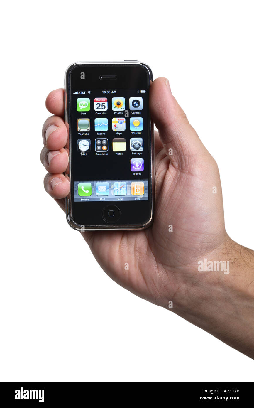 Main tenant un Apple iphone découper sur fond blanc Banque D'Images