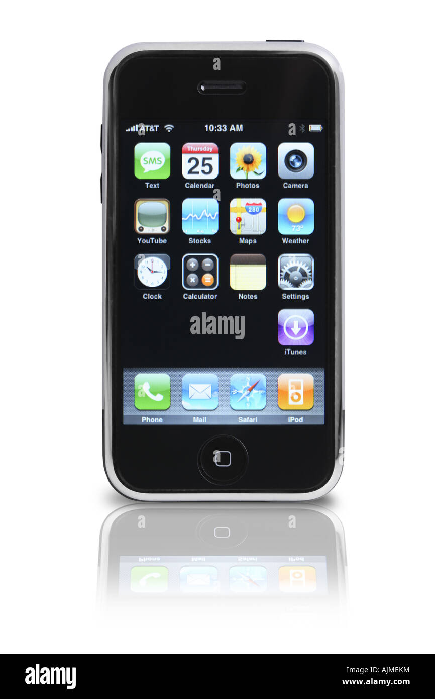 Apple iphone sur surface réfléchissante à découper sur fond blanc Banque D'Images