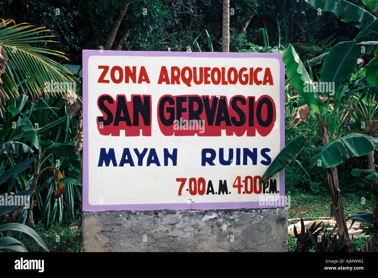 Signe pour le San Gervasio site archéologique maya sur l'île de Cozumel au Mexique. Banque D'Images