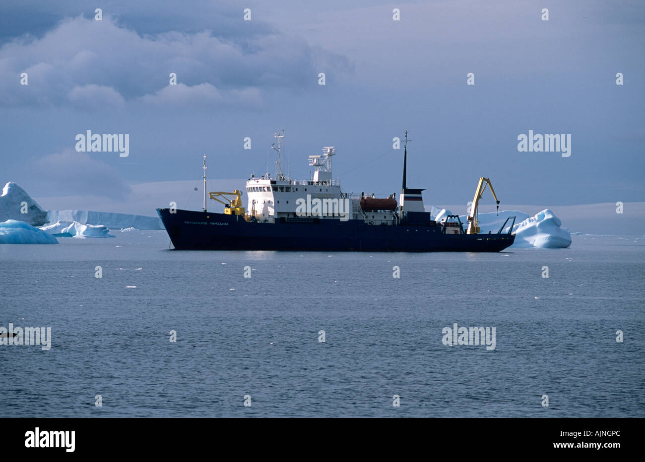 M/V Akademik Shokalskiy et touristique recherche navire ancré au large de la péninsule Antarctique Banque D'Images