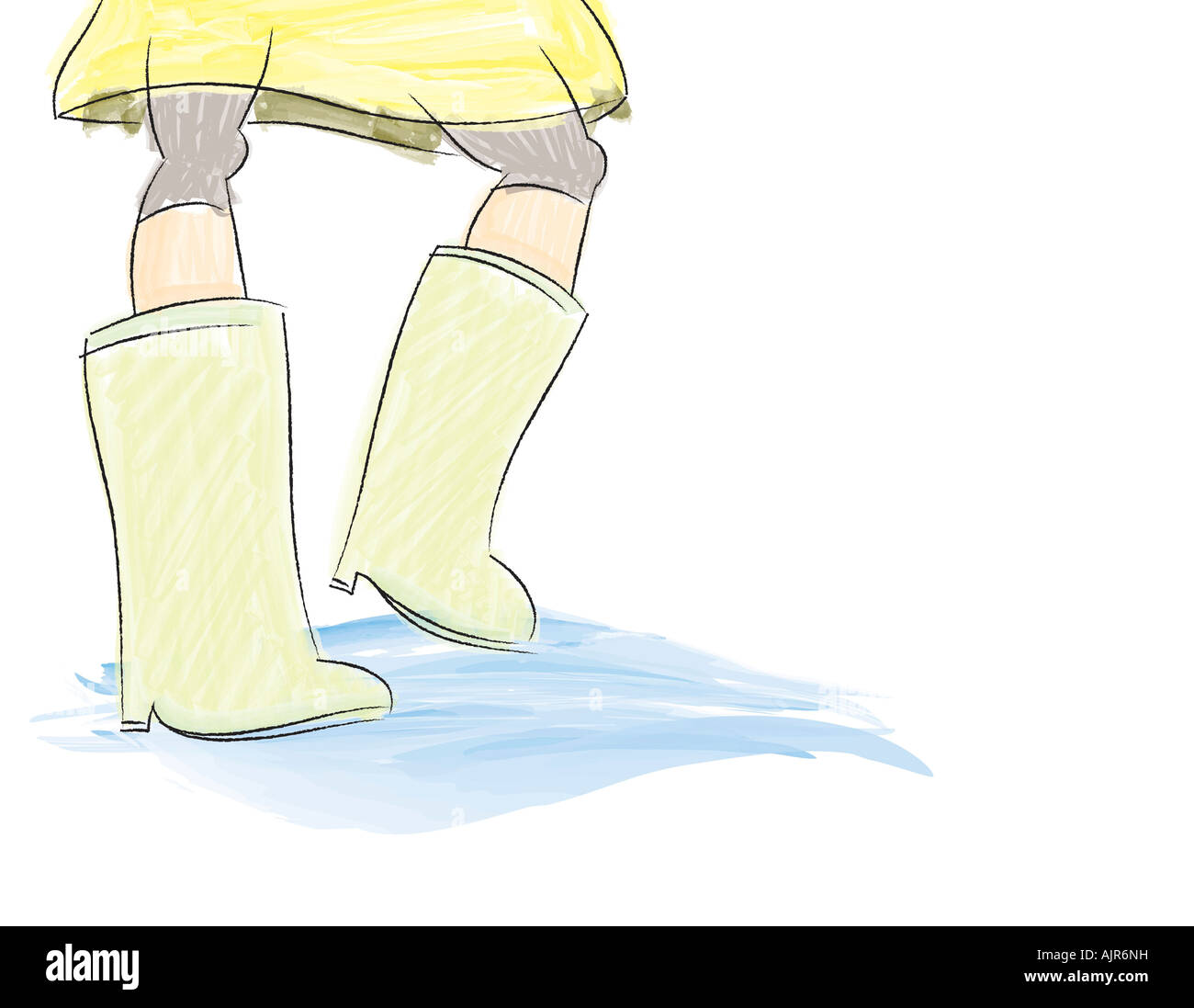Illustration de la personne qui marche avec des bottes en caoutchouc dans les flaques Banque D'Images