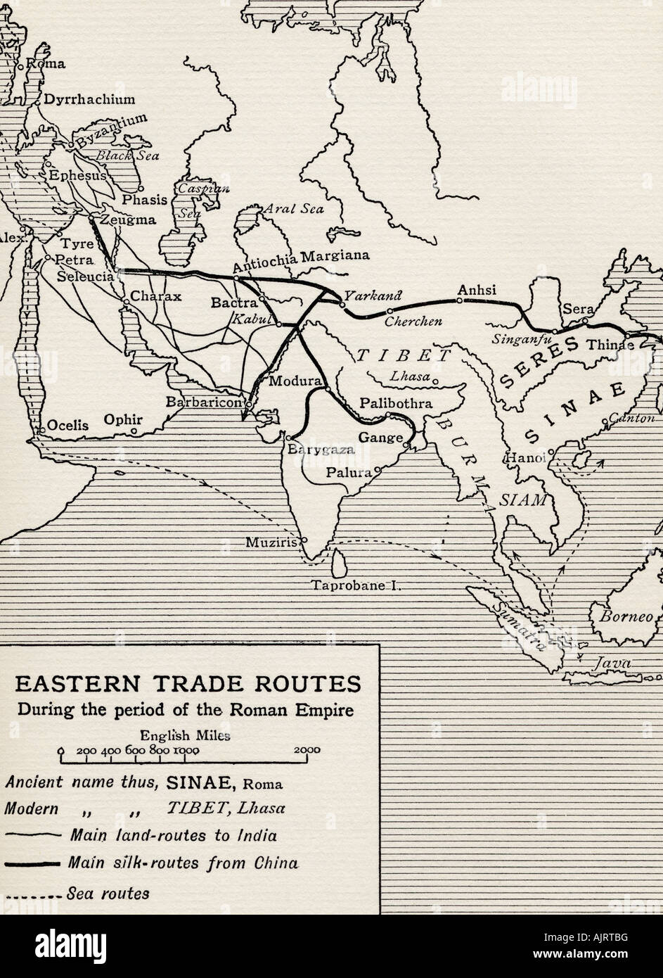 Routes de commerce de l'est pendant la période de l'Empire romain. Extrait du livre The Quest for Cathay de Sir Percy Sykes, publié en 1936. Banque D'Images