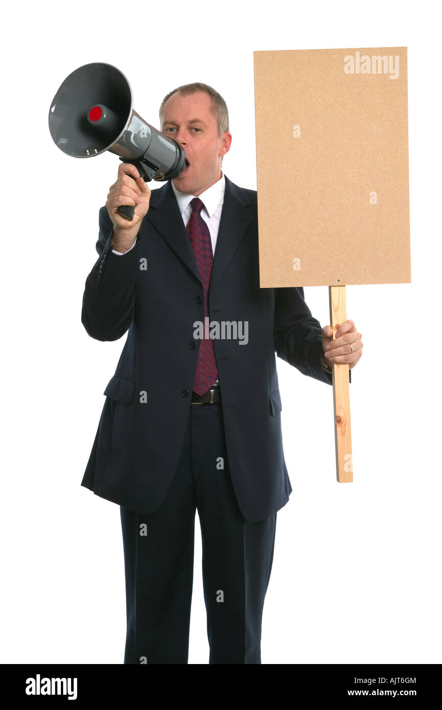 Businessman with a loud haler et placard Banque D'Images