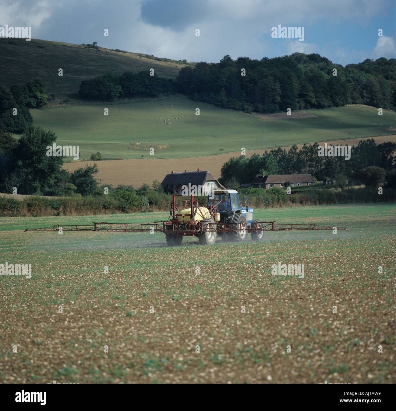 Le tracteur et le pulvérisateur pulvérisation de la repousse de mauvaises herbes annuelles dans un rotovated avant semis Banque D'Images