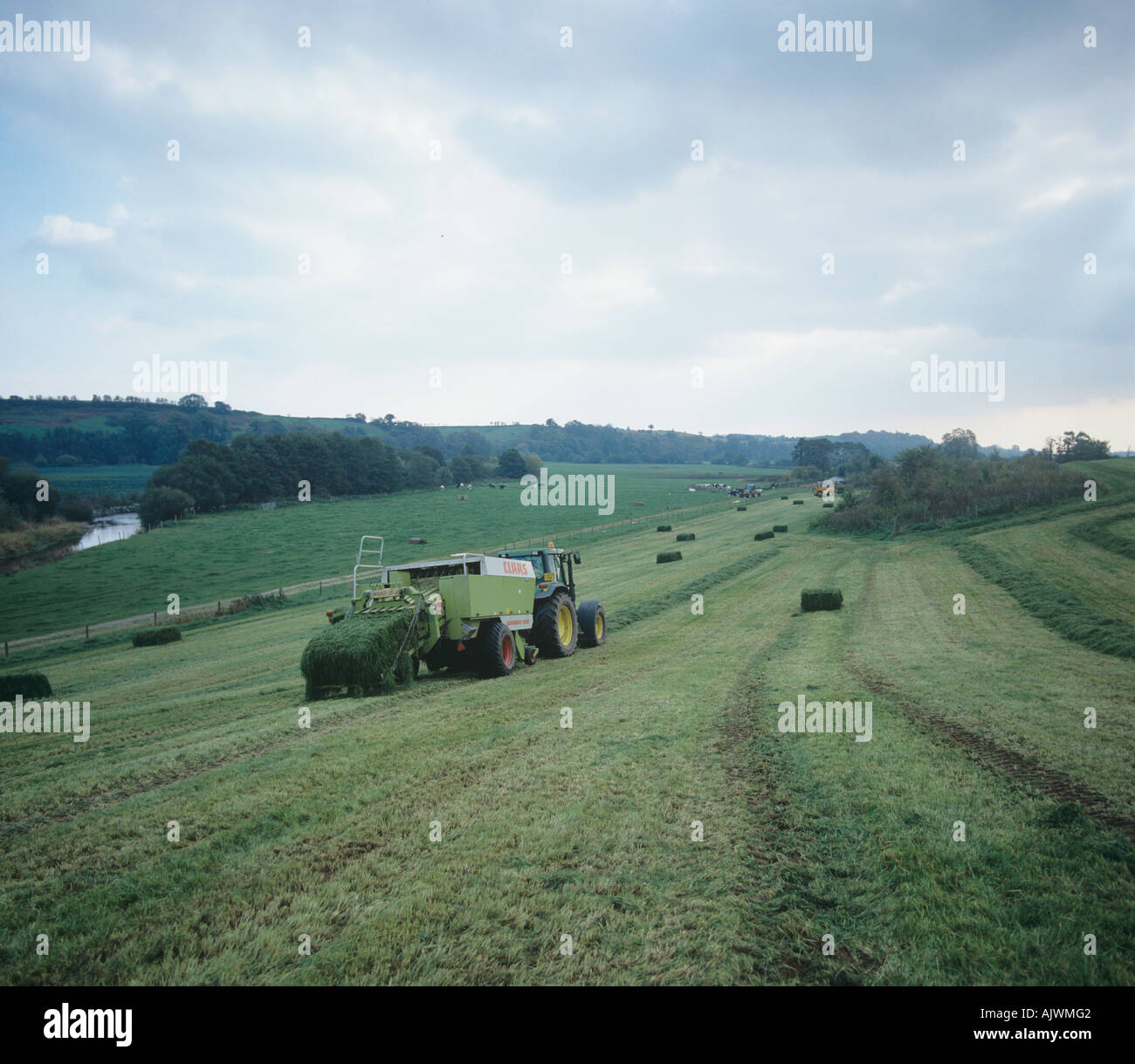 Tracteur John Deere Claas ramasseuse-presse haute densité de la mise en balles d'ensilage d'herbe en fin de saison Banque D'Images