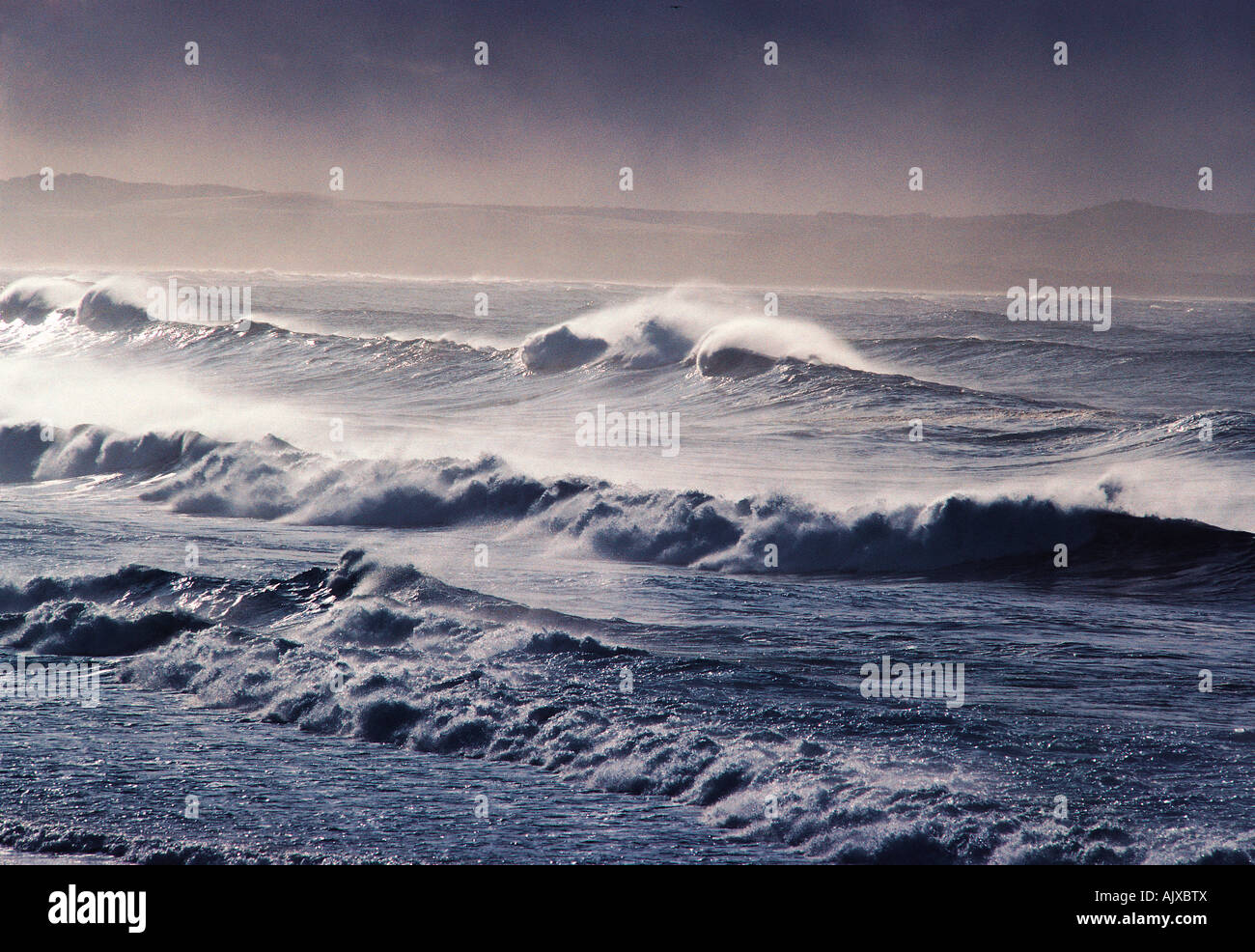 Les ondes de tempête se brisant sur une plage. Banque D'Images