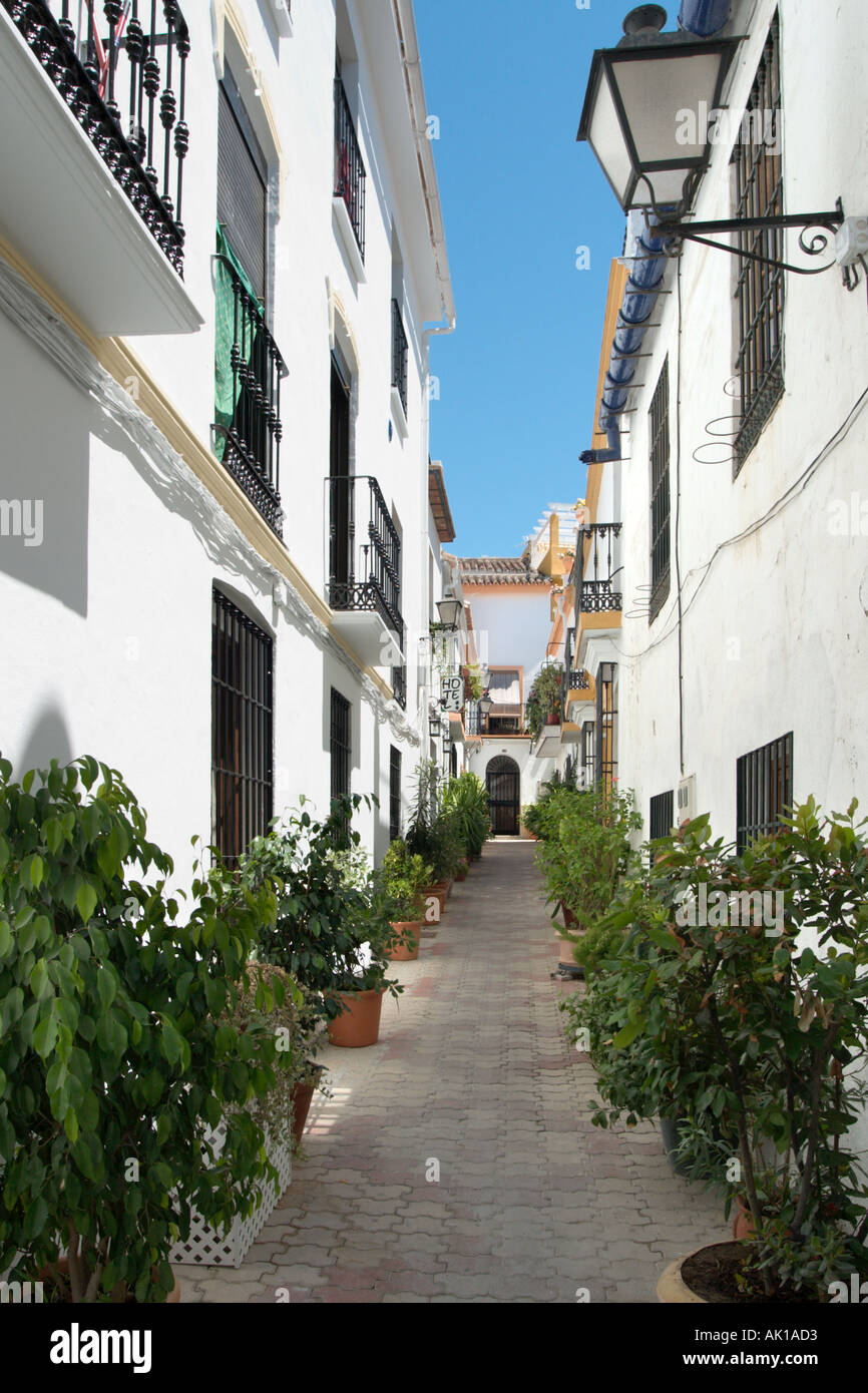 Ruelle typique dans le Casco Antiguo (Vieille Ville), Marbella, Costa del Sol, Andalousie, Espagne Banque D'Images