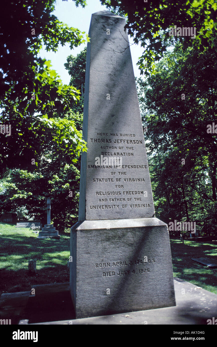 Vue Thomas Jefferson s tombe sur le terrain de Monticello accueil de Thomas Jefferson troisième président des Etats-Unis Banque D'Images