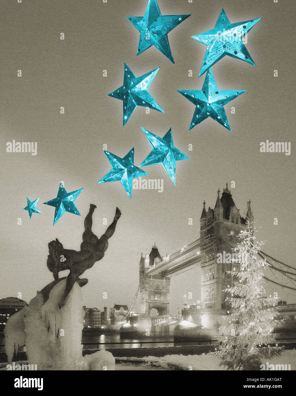 GB - LONDON : concept de Noël montrant le Tower Bridge et Dolphin Fountain Banque D'Images