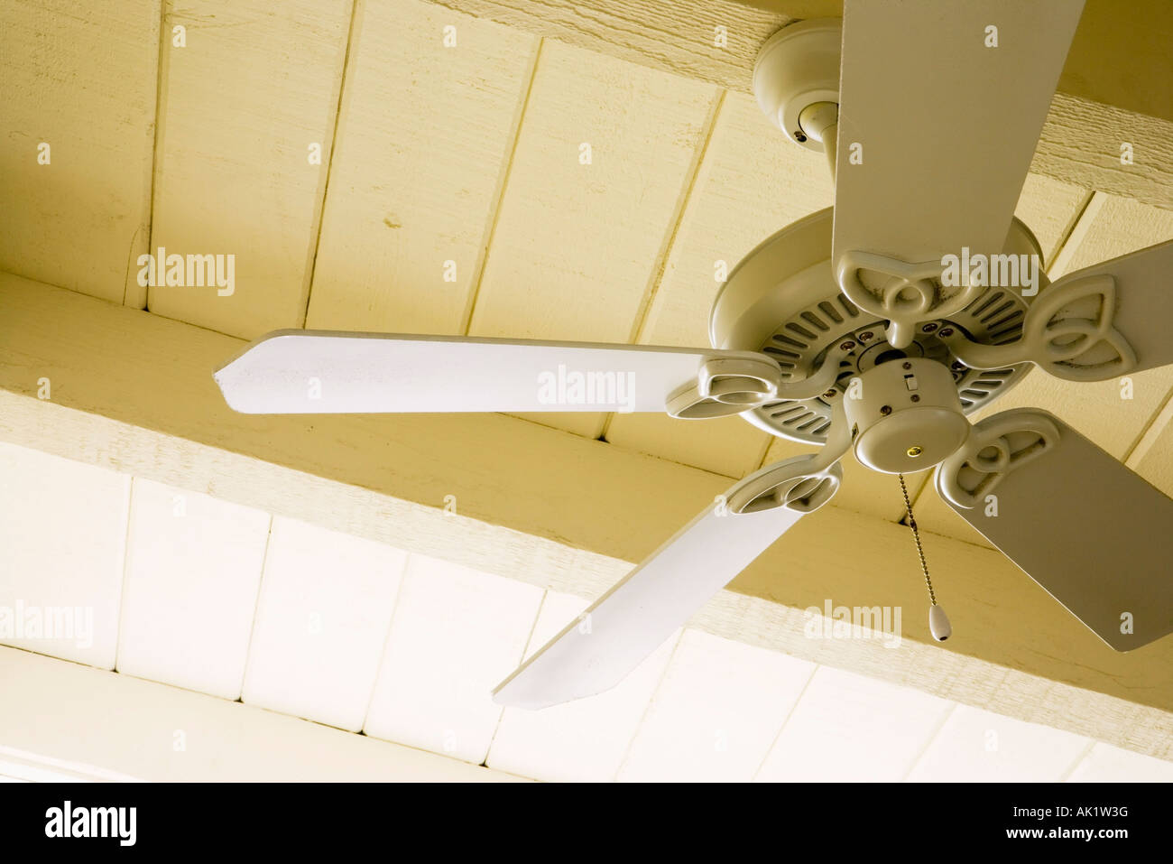 Détail d'un ventilateur de plafond et plafond lambrissé voûté Banque D'Images