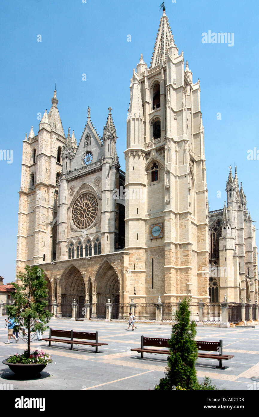 Cathedral, Plaza Regia, Leon, Castilla y Leon, Espagne Banque D'Images