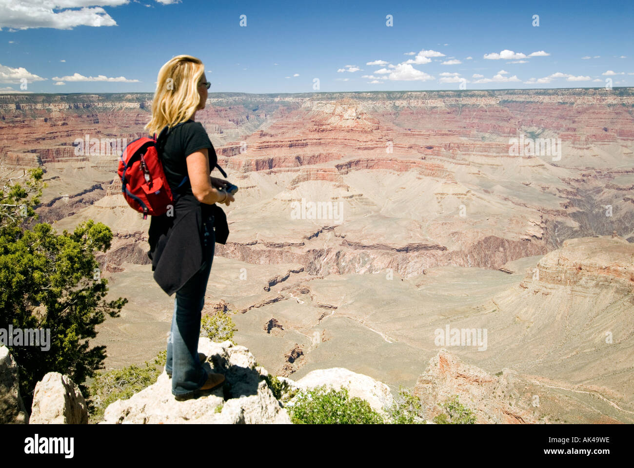 ARIZONA GRAND CANYON NP SOUTH RIM HIKER FEMME SURPLOMBANT CANYON Banque D'Images