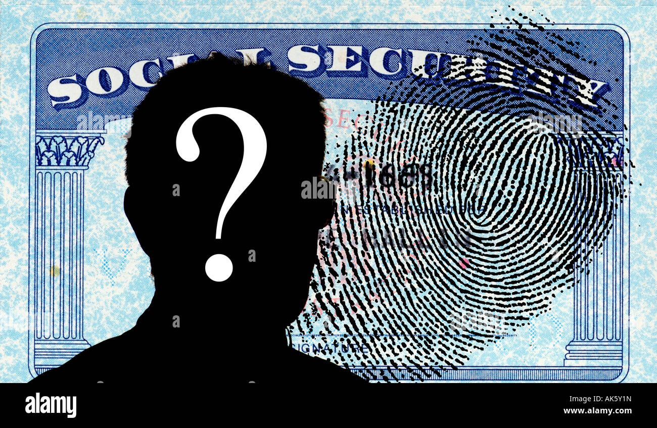 Silhouette of man et d'empreintes digitales sur la carte de sécurité sociale aux Etats-Unis Banque D'Images