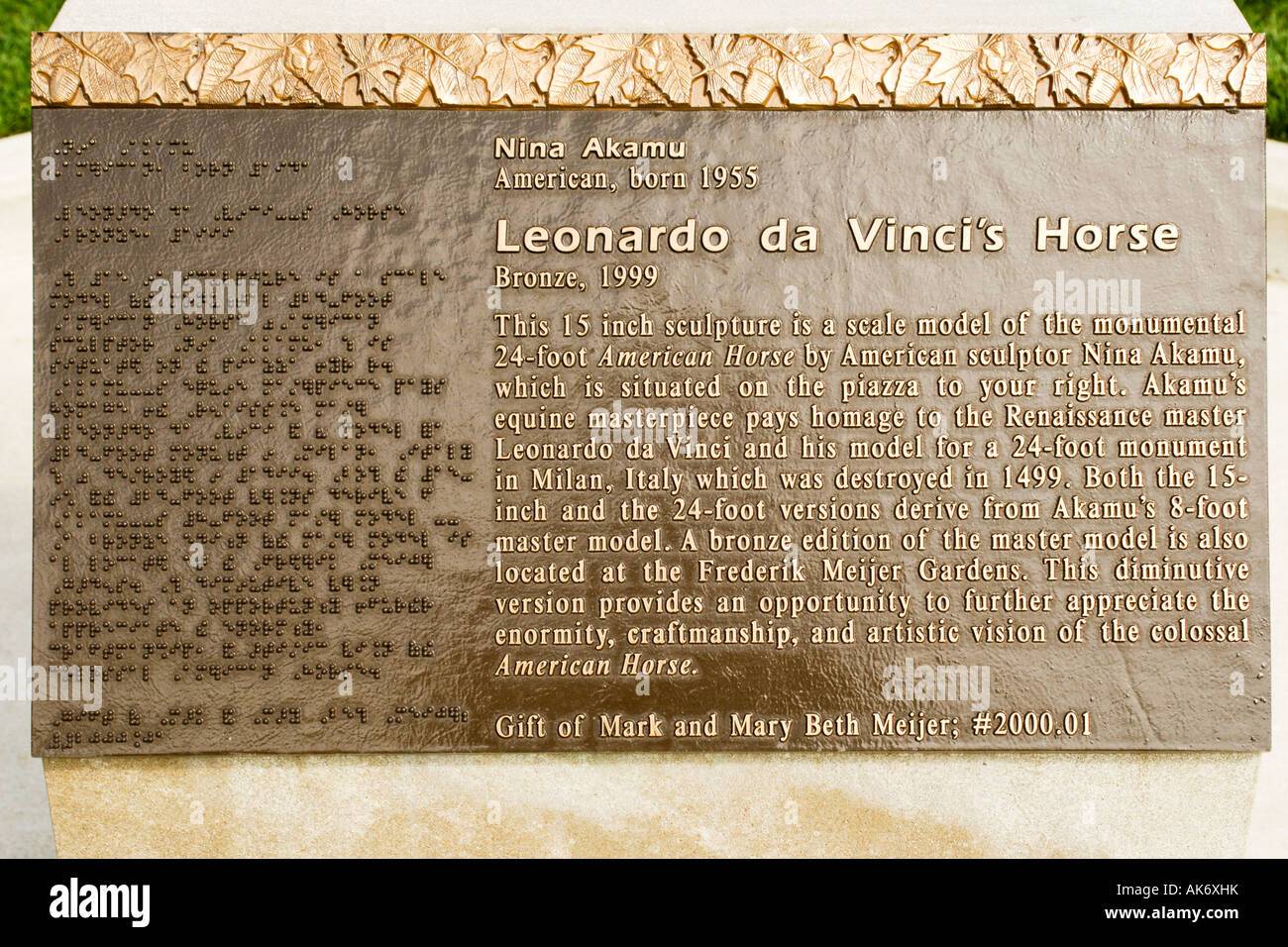 À propos de la plaque Leonardo da Vinci s Horse sculpture au Frederik Meijer Gardens Grand Rapids Michigan MI Banque D'Images