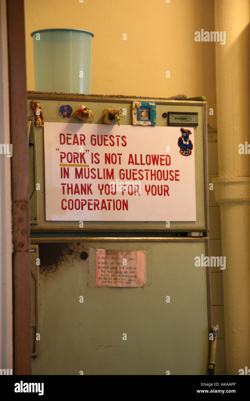 Le porc n'est pas autorisé dans la cuisine d'une maison d'hôtes géré par les propriétaires musulmans à Malacca, Malaisie. Banque D'Images