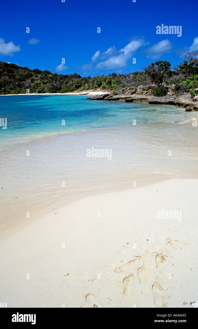 Tropical Parfait plage de sable blanc et eau turquoise des Caraïbes Antigua avec pédale d'étapes dans le sable Banque D'Images