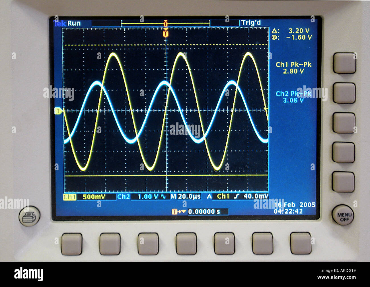 Affichage de l'Oscilloscope, onde sinusoïdale hors phase. Banque D'Images