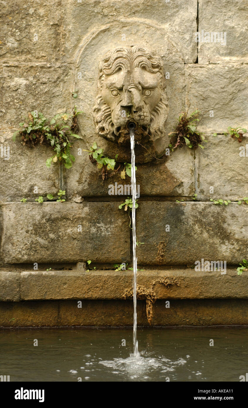 Fontaine tête de lion avec de l'eau se déversant dans un étang dans la région de Chianti, Toscane Italie Banque D'Images