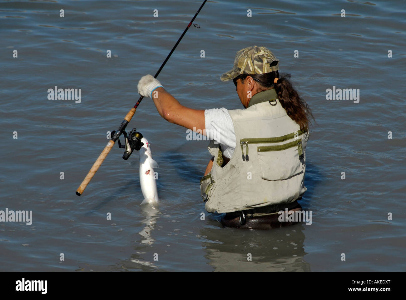 Les pêcheurs La pêche du saumon en Alaska Railroad Ship Creek dans la zone de pêche du centre-ville d'Anchorage en Alaska AK U S United States Banque D'Images