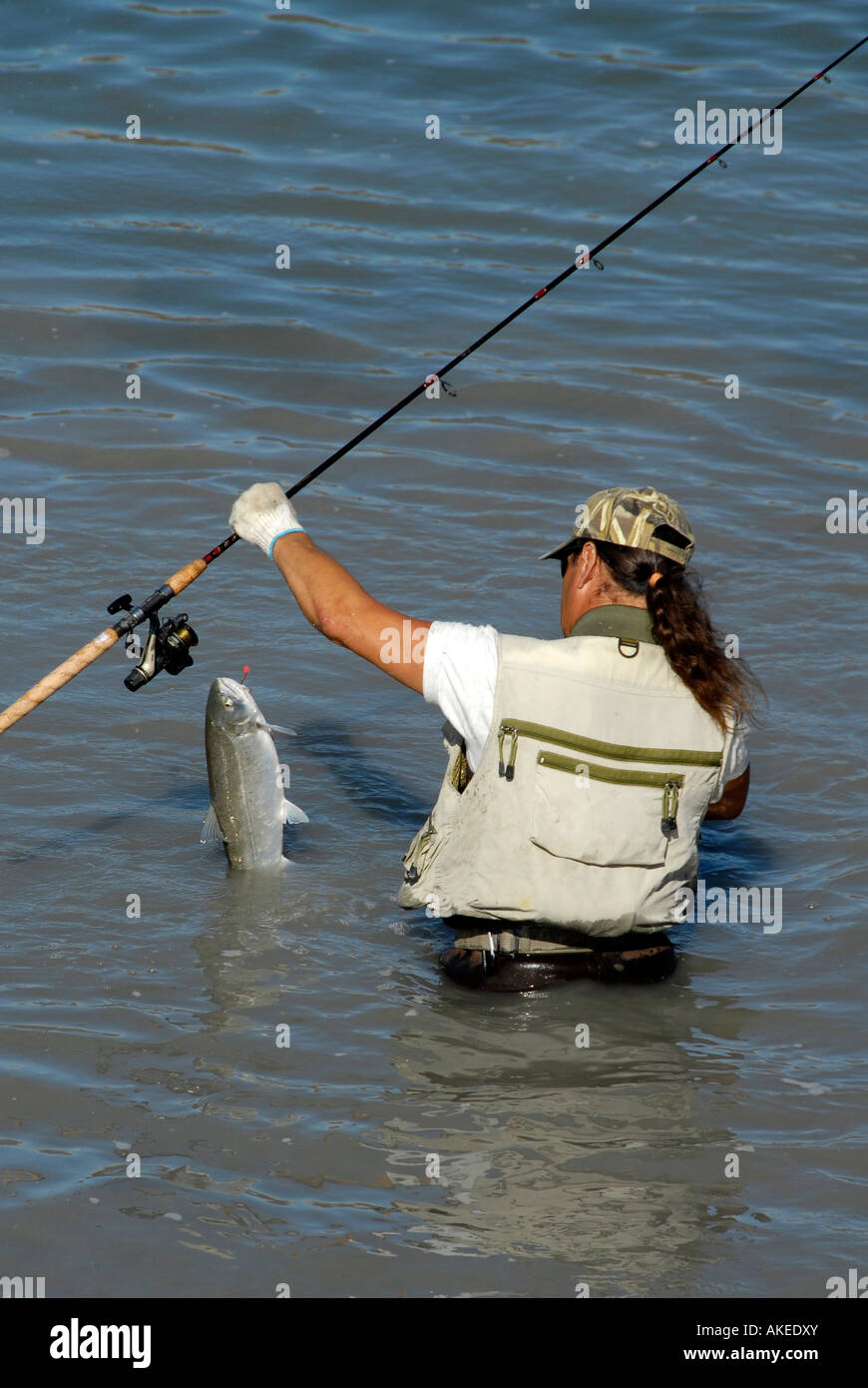 Les pêcheurs La pêche du saumon en Alaska Railroad Ship Creek dans la zone de pêche du centre-ville d'Anchorage en Alaska AK U S United States Banque D'Images