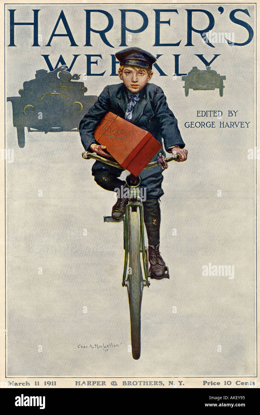 Livraison fleuriste garçon sur un vélo Harpers Weekly couvrir 1911 Banque D'Images