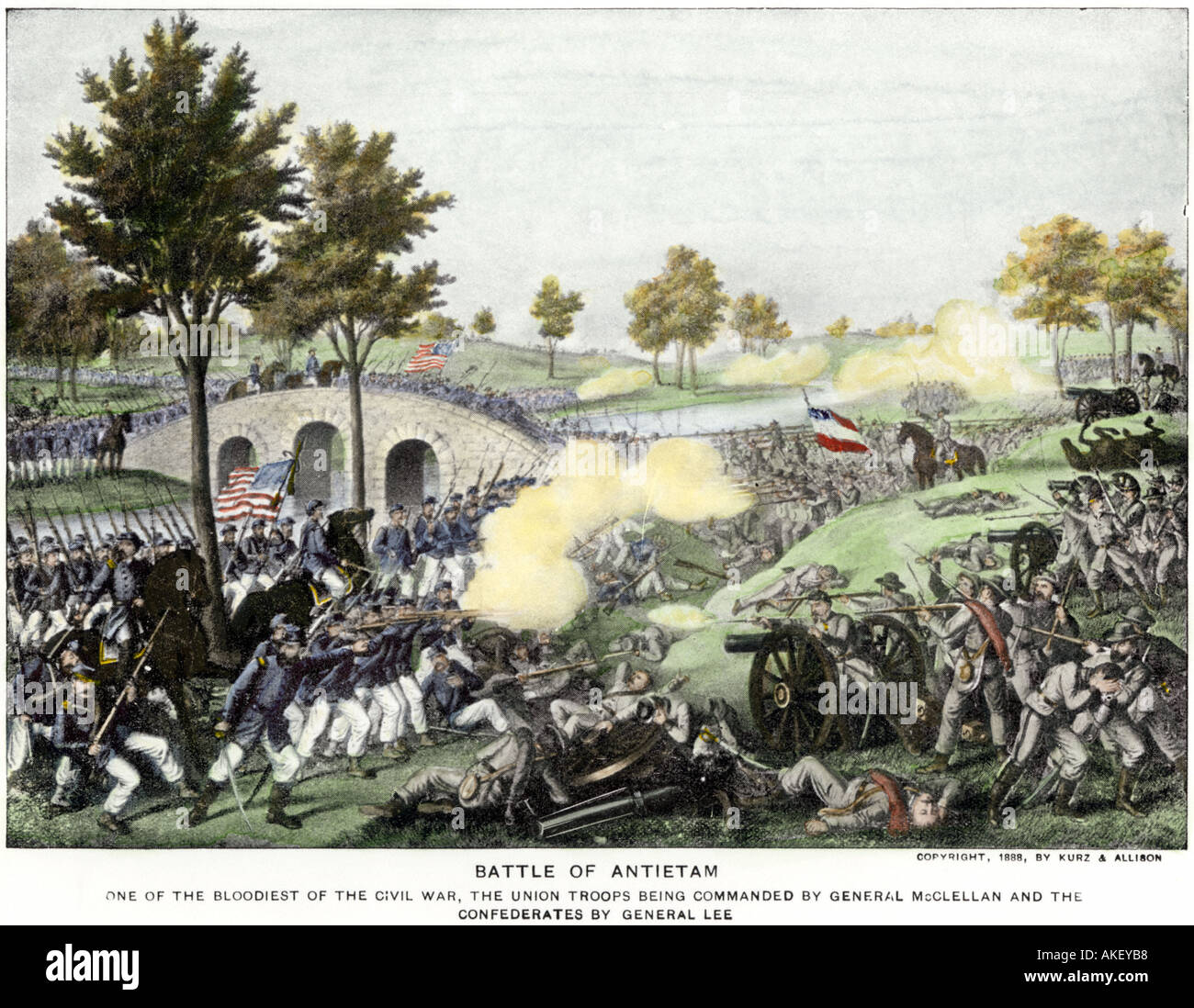 La lutte contre les troupes de l'Union leur chemin à travers Burnside Bridge à la bataille d'Antietam, guerre de Sécession. La main, d'une peinture de demi-teinte Banque D'Images