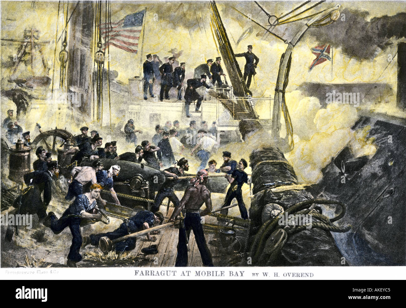 L'amiral David G. Farragut dans le gréement au cours de la bataille de la baie de Mobile 1864 Guerre civile américaine. La main, d'une peinture de la photogravure Overend Banque D'Images