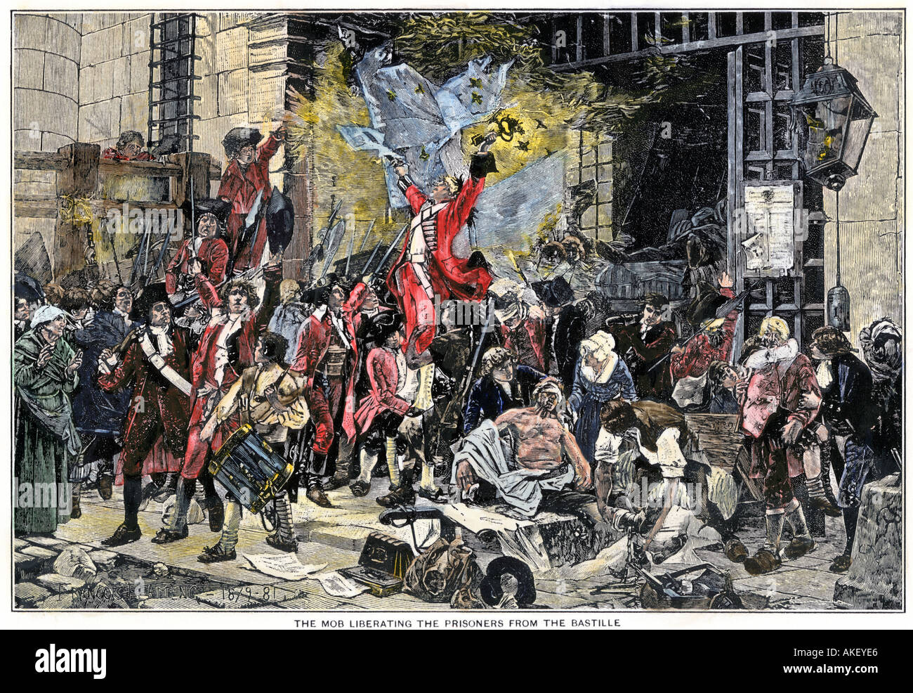 Mob la libération des prisonniers après la prise de la Bastille pendant la Révolution française. À la main, gravure sur bois Banque D'Images