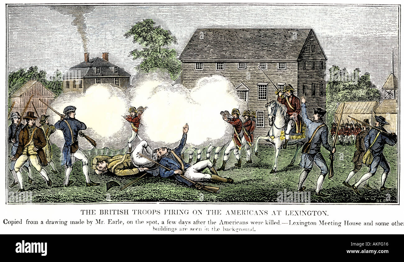 Les troupes britanniques tirent sur les Américains à Lexington première bataille de la Révolution américaine. À la main, gravure sur bois Banque D'Images