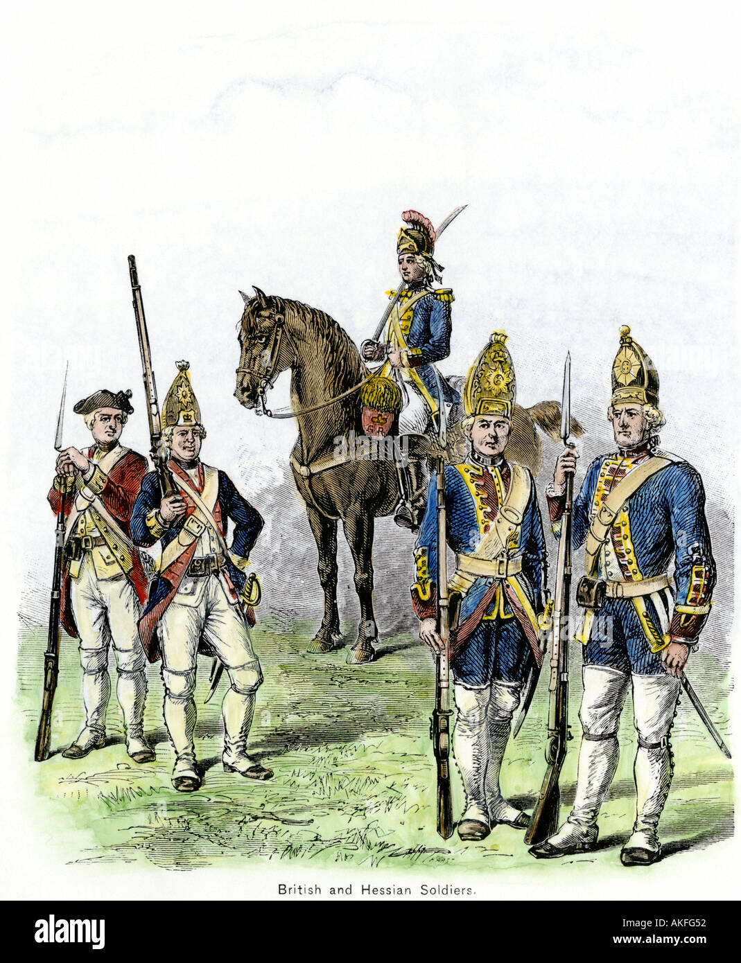 Des soldats britanniques et mouche dans la Révolution américaine. À la main, gravure sur bois Banque D'Images