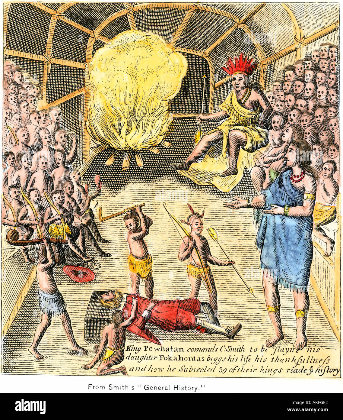 Pocahontas Powhatan supplie d'épargner la vie de John Smith dans la colonie de Jamestown. À la main, gravure sur bois Banque D'Images